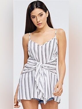 New White Summer Striped Tie Front Top